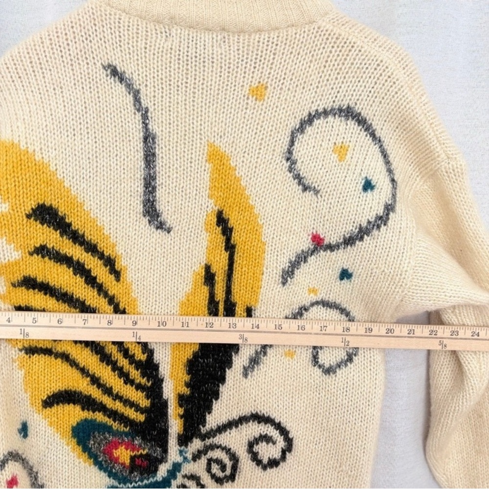 Vtg RARE UNO & UNA Butterfly Knit Cardigan Sweater Cream Wool Blend - Picture 8 of 11